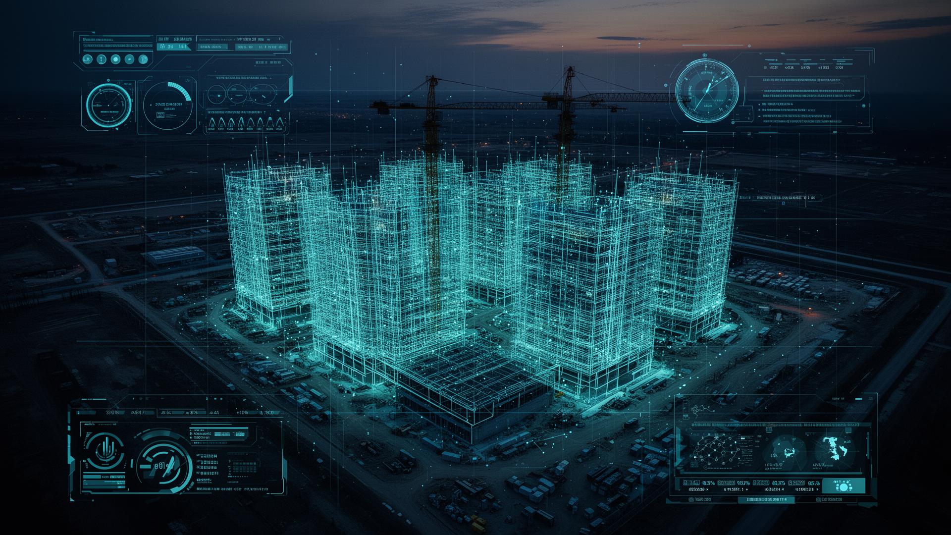 Aerial drone view of a construction site with a tactical digital twin overlay